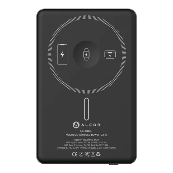 CHG Alcor MS10000 Qi2 vezeték nélküli vésztöltő / külső akkumulátor 10000 mAh, 20 W - fekete - Image 2