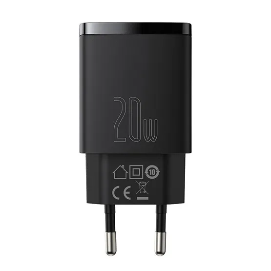 Baseus Compact hálózati gyorstöltő 20W, USB Type-A + USB Type-C, fekete