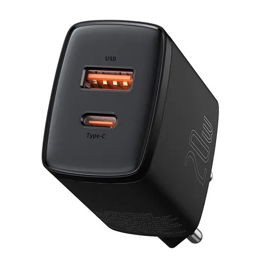 Baseus Compact hálózati gyorstöltő 20W, USB Type-A + USB Type-C, fekete - Image 2