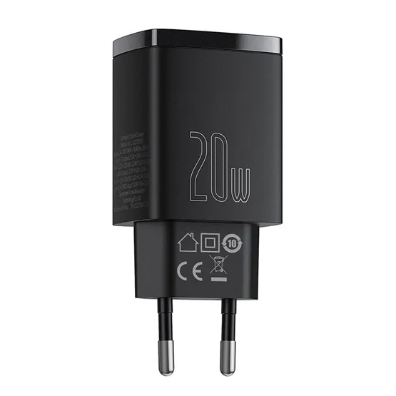 Baseus Compact hálózati gyorstöltő 20W, USB Type-A + USB Type-C, fekete - Image 4