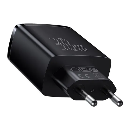 Baseus Compact hálózati gyorstöltő 30W, 2×USB Type-A + USB Type-C, fekete - Image 4