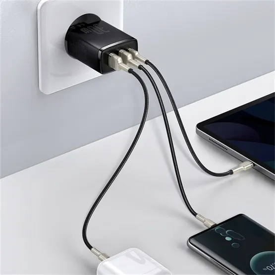 Baseus Compact hálózati gyorstöltő 30W, 2×USB Type-A + USB Type-C, fekete - Image 5