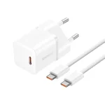 Baseus GaN5 Mini hálózati gyorstöltő 20W, USB Type-C, fehér + 100W USB Type-C, 1m kábel - Image 6