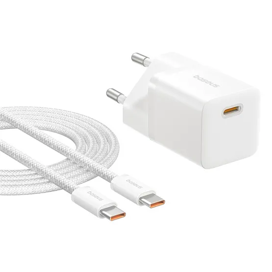 Baseus GaN5 Mini hálózati gyorstöltő 25W, USB Type-C, fehér + 100W USB Type-C, 1m kábel - Image 2
