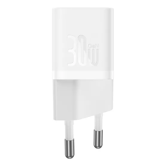 Baseus GaN5 Mini hálózati gyorstöltő 30W, USB Type-C, fehér + 100W USB Type-C, 1m kábel