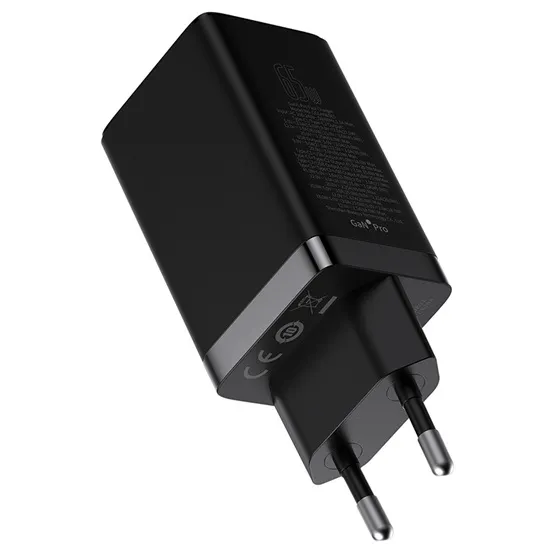 Baseus GaN5 Pro hálózati gyorstöltő 65W, 2×USB Type-C + USB Type-A, fekete + 100W USB Type-C, 1m kábel - Image 5