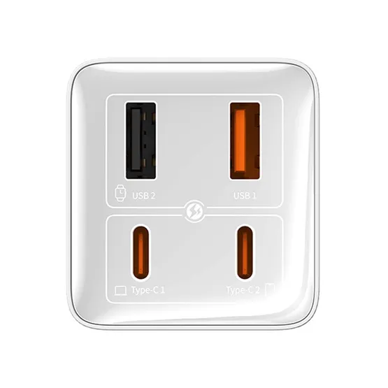 Baseus GaN6 Pro hálózati gyorstöltő 100W, 2×USB Type-C + 2×USB Type-A, fehér + 100W USB Type-C, 1m kábel - Image 3