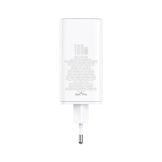 Baseus GaN6 Pro hálózati gyorstöltő 100W, 2×USB Type-C + 2×USB Type-A, fehér + 100W USB Type-C, 1m kábel - Image 6