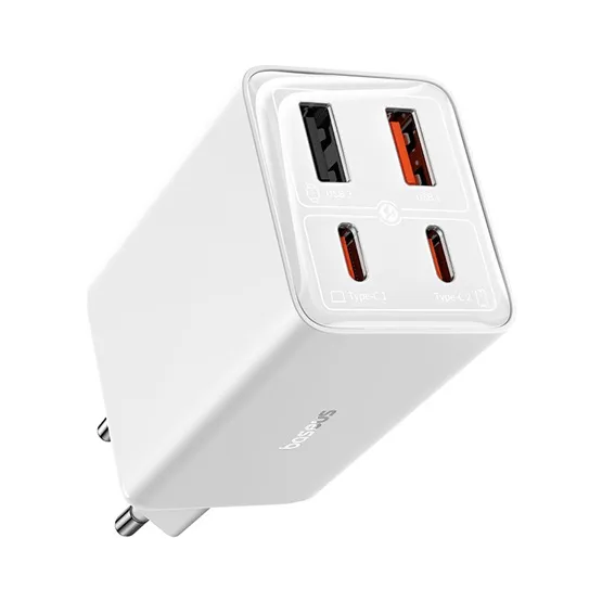 Baseus GaN6 Pro hálózati gyorstöltő 65W, 2×USB Type-C + 2×USB Type-A, fehér + 100W USB Type-C, 1m kábel - Image 2