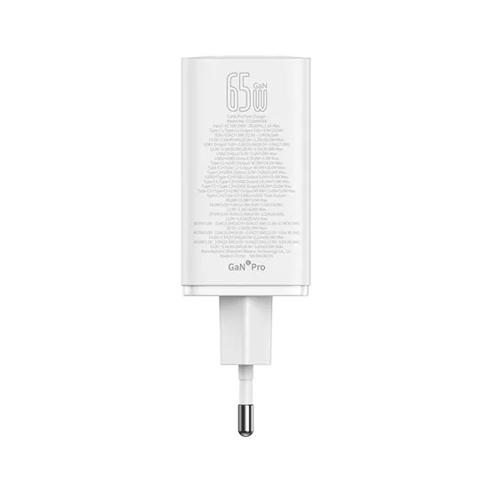 Baseus GaN6 Pro hálózati gyorstöltő 65W, 2×USB Type-C + 2×USB Type-A, fehér + 100W USB Type-C, 1m kábel - Image 6