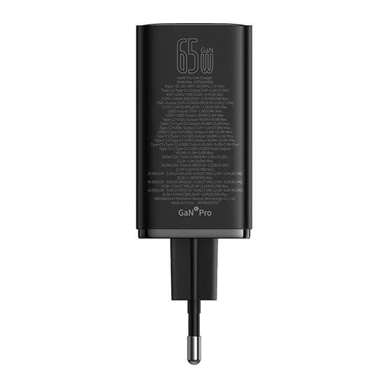Baseus GaN6 Pro hálózati gyorstöltő 65W, 2×USB Type-C + 2×USB Type-A, fekete + 100W USB Type-C, 1m kábel - Image 6