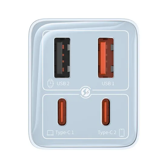 Baseus GaN6 Pro hálózati gyorstöltő 65W, 2×USB Type-C + 2×USB Type-A, kék + 100W USB Type-C, 1m kábel - Image 3