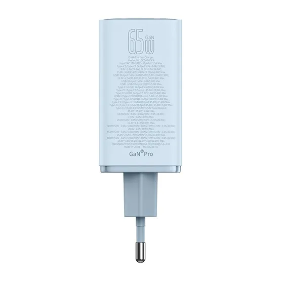 Baseus GaN6 Pro hálózati gyorstöltő 65W, 2×USB Type-C + 2×USB Type-A, kék + 100W USB Type-C, 1m kábel - Image 6
