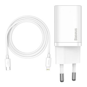 CHG Baseus Super Si hálózati gyorstöltő 20W, USB Type-C, fehér + 100W USB Type-C – iPhone, 1m kábel