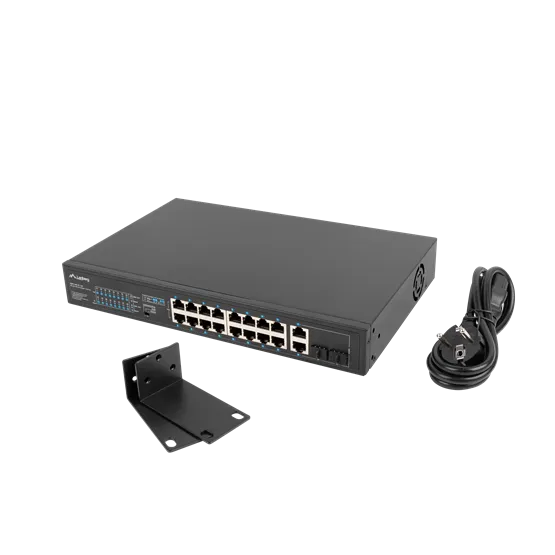 Lanberg Switch menedzsment nélküli, 16x 100Mb PoE+/ 2x 1GB/1X SFP, 10", 19" rackes (150W) - Image 1
