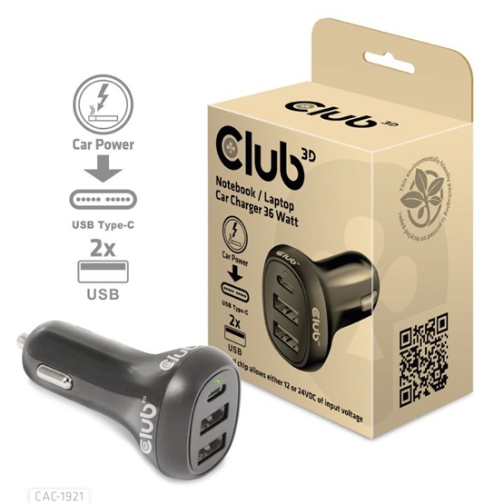 NBT_Club3D_Notebook_Laptop_Car_Charger_36_Watt_-_autos_tolto-i653661.jpg Club 3D Autós Töltő - CAC-1921 (36W, 2x USB-A, 1x USB-C, 12-24V, QC3.0) - Image 1