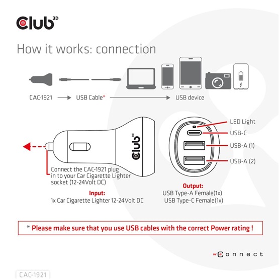Club 3D Autós Töltő - CAC-1921 (36W, 2x USB-A, 1x USB-C, 12-24V, QC3.0) - Image 3
