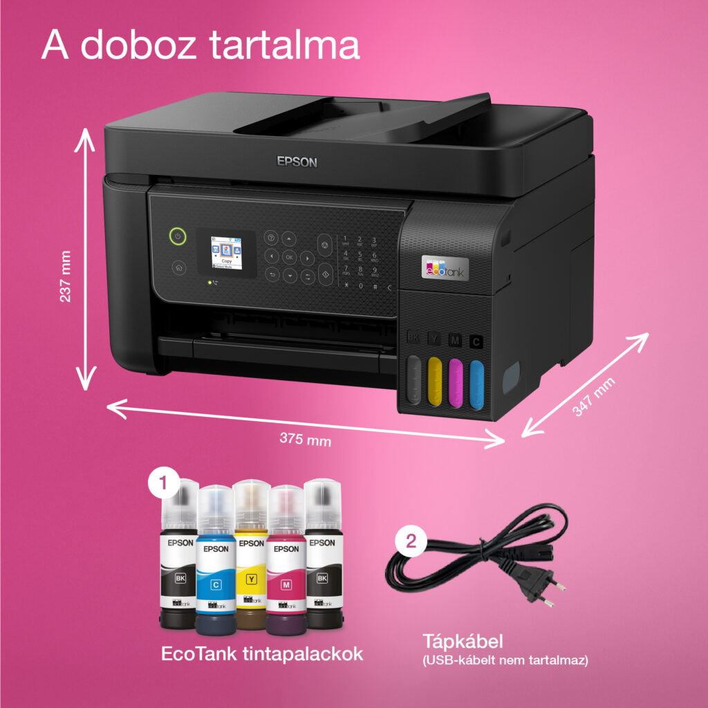 A18418-productpicture-hires-hu-HU-EcoTank_L5310_07_Dimensions_and_contents_2000x2000px.jpg Epson Ecotank L5310 színes tintasugaras A4 4in1 MFP, ADF, WIFI, fekete - Image 4