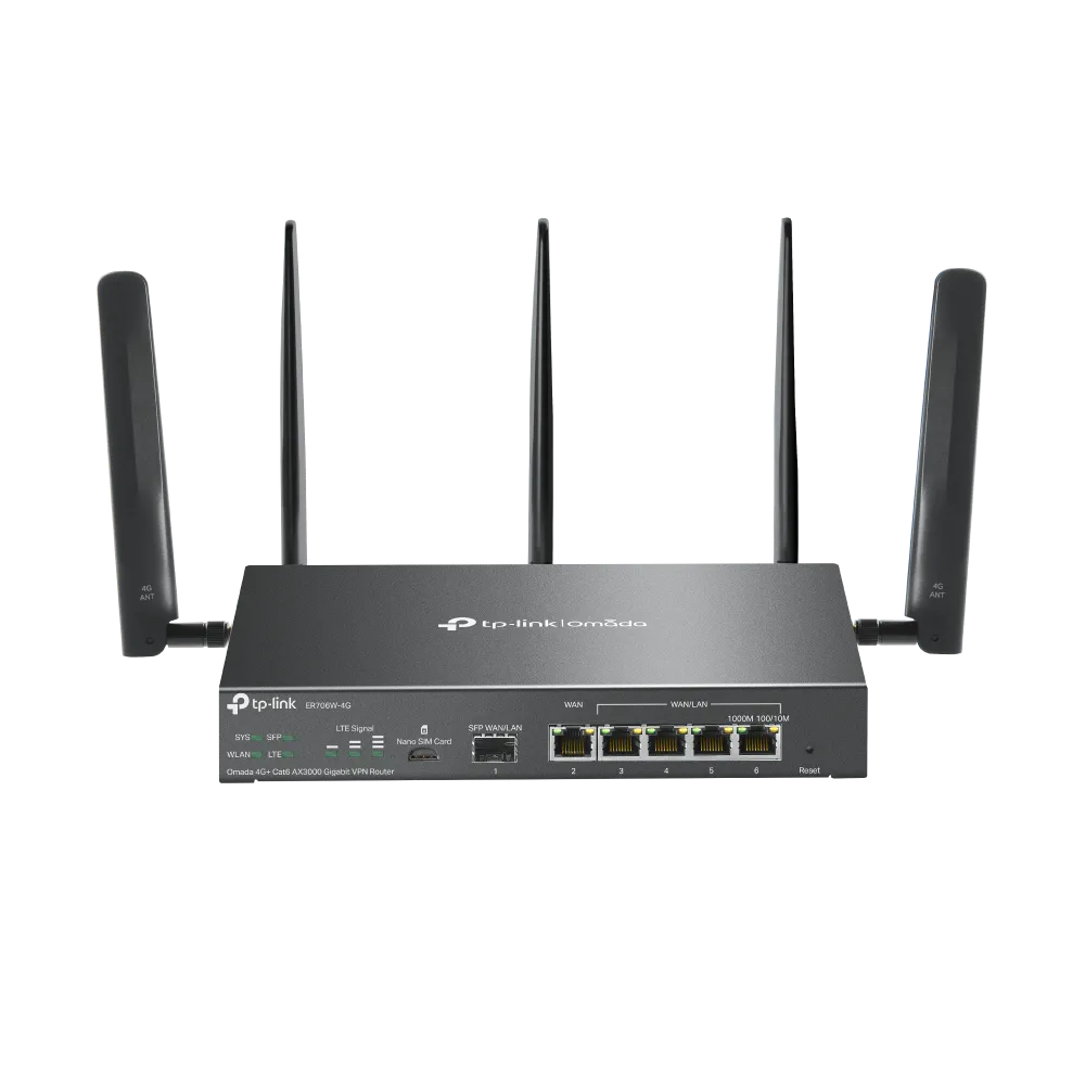 TP-LINK Vezetékes Omada AX3000 VPN Router 1xWAN(1000Mbps) + 4xLAN(1000Mbps) + 1xSFP + 1xSIM, ER706W-4G