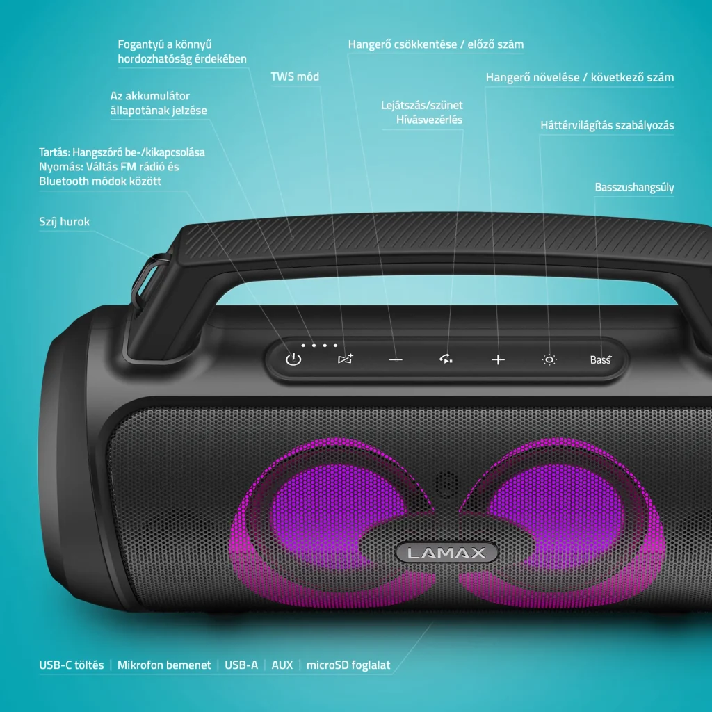 LAMAX PartyGo1 Play 50W Bluetooth Party hangszóró vezeték nélküli mikrofonnal - Image 2