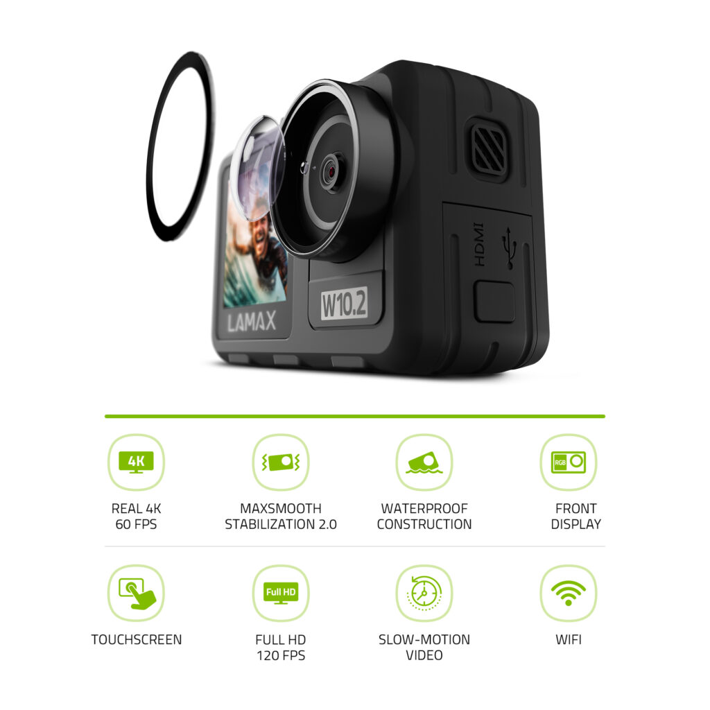 LAMAX W10.2 akciókamera, True 4K/60fps, 64MP, 2" és 1.4" kijelző, vízálló tok, W - Image 2
