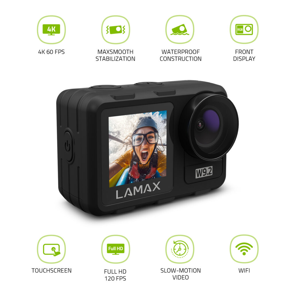 LXWAMW92NNNBA_1.jpg LAMAX W9.2 akciókamera, 4K/30fps, FullHD/120fps, 20MP, 2" és 1.4" kijelző, vízál - Image 2