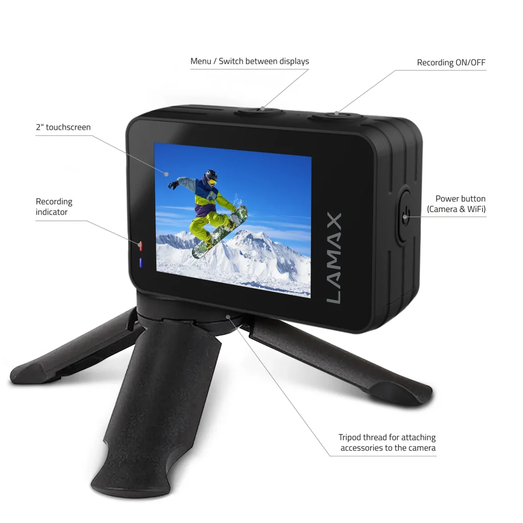 LAMAX W9.2 akciókamera, 4K/30fps, FullHD/120fps, 20MP, 2" és 1.4" kijelző, vízál - Image 4