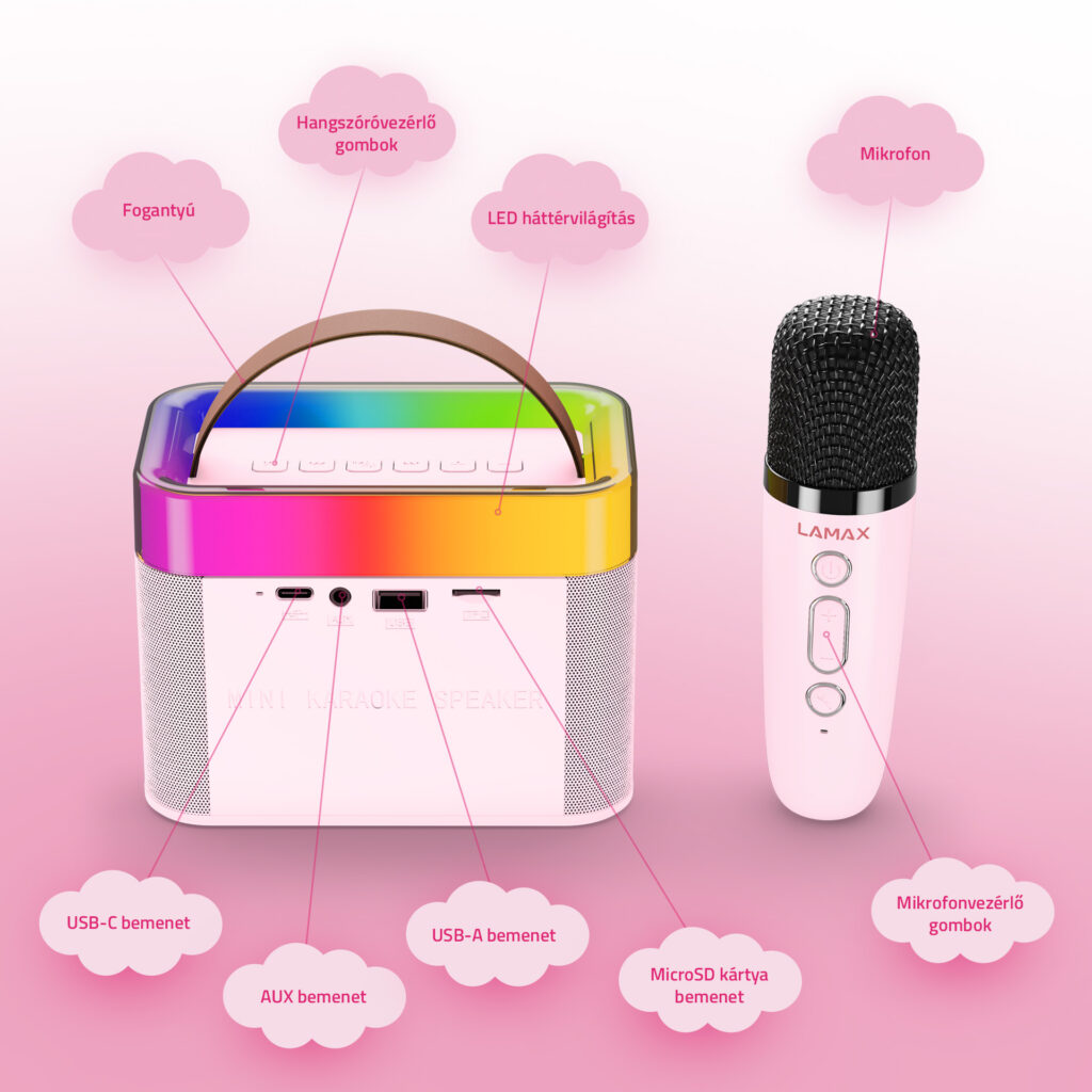 LXWSMKARAO1PA_1.jpg LAMAX KaraokeKid1 Pink 10W Gyerek karaoke szett vezeték nélküli mikrofonnal - Image 4